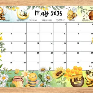 Editable May 2025 Calendar,Hello Spring with Cute Honey Bees, Mother&#39;s Day Planner, Printable fillable May Planner for office or home school