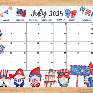 Editable July 2025 Calendar, Independence Day with Adorable Gnomes Summer July Planner, Monthly Calendar for Kids School Home Office Work