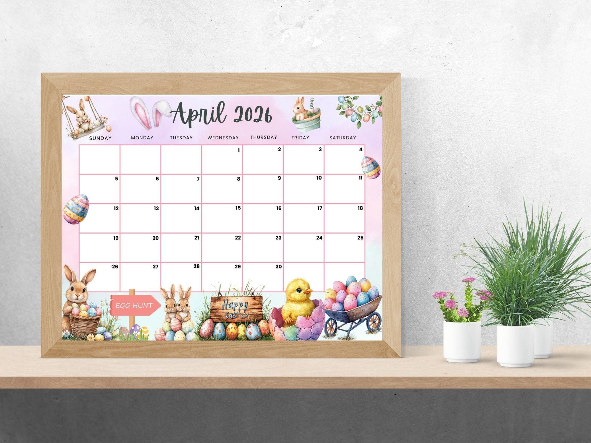Editable April 2026 Calendar, Happy Easter With Cute Bunny, Printable ...