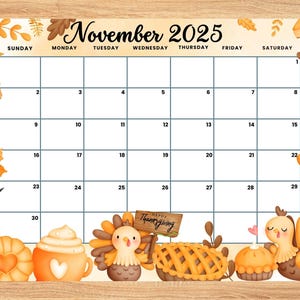 EDITABLE November 2025 Calendar, Happy Thanksgiving Planner with Turkey, sweets,Kids colorful Autumn Monthly, home school,classroom calendar