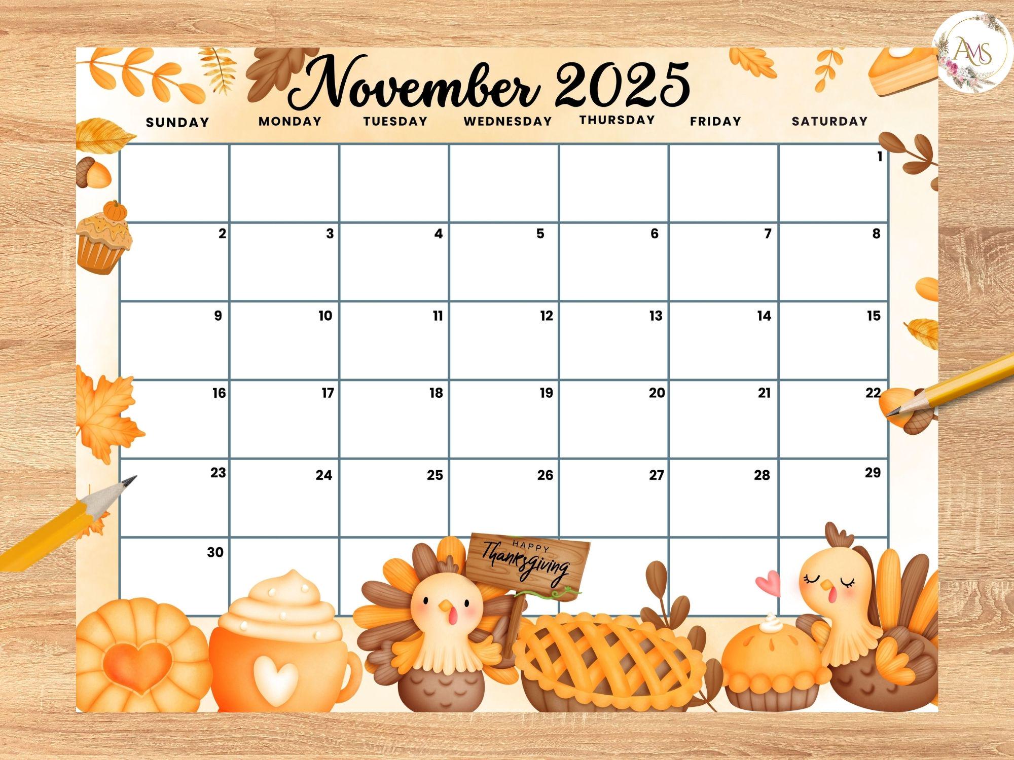 EDITABLE November 2025 Calendar, Happy Thanksgiving Planner with Turkey, sweets,Kids colorful Autumn Monthly, home school,classroom calendar