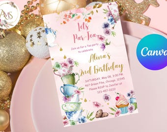 Bellissimo invito di compleanno per festa del tè, invito carino per festa del tè, invito per festa del tè per ragazze, festa del tè stravagante in oro rosa, inviti 5x7 019