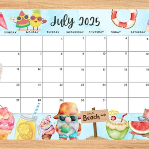 Editable July 2025 Calendar, Cute June Planner with Tropical & Beach Theme, Printable Monthly Calendar for Kids School Home Office Work
