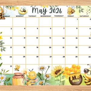 May include: A printable calendar for May 2025 with a bee theme. The calendar features bees, honeycombs, sunflowers, and daisies. The calendar is perfect for planning your month.