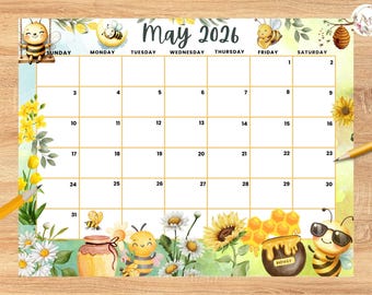 Calendrier de mai 2026 modifiable, bonjour le printemps avec de jolies abeilles, agenda de la fête des mères, agenda de mai à remplir imprimable pour le bureau ou l'école à la maison