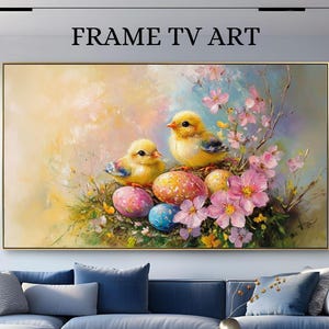 Spring Chick Easter Frame Tv Art, Colorful Baby Chicks with Floral Easter Eggs Impressionist Tv Artwork,TV Display, Easter TV Frame Art 0028
