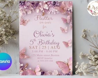 Modello di invito di compleanno a forma di farfalla per Canva, invito per feste modificabile, tema acquerello pastello, download immediato