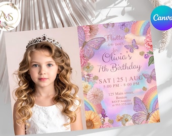 Modello modificabile per invito al settimo compleanno su Canva, modello Canva stampabile digitale con farfalla viola glitterata e arcobaleno colorato, 7x5