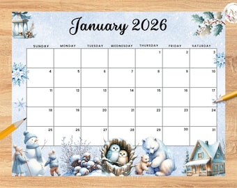 EDITABLE fillable January 2026 Calendar, Winter Snowman Planner, Printable Monthly Schedule for Kids School, Home Work, Office Kids Calendar