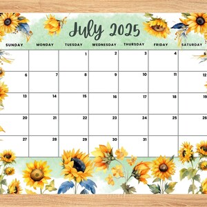 Editable July 2025 Calendar, Beautiful Sunflower Summer planner, Printable Monthly Calendar for Kids School Home Office Work