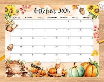 Editable October 2025 Calendar, Autumn Fall Theme Monthly Printable Planner for Home Work, Kids Schedule, fillable October 2025 planner