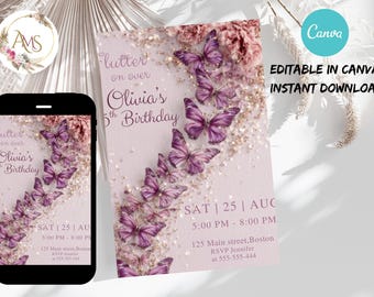 Modello di invito di compleanno a forma di farfalla per Canva, invito per feste modificabile, tema acquerello pastello, download immediato