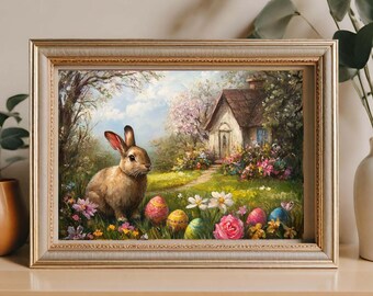 Osterhasen-Landhaus Gemälde, Vintage Frühling Kaninchen Kunst (digitaler Download)