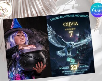 Invito di compleanno con foto di maghi e streghe magiche, modello modificabile Canva, invito alla festa di Castle Wizardry