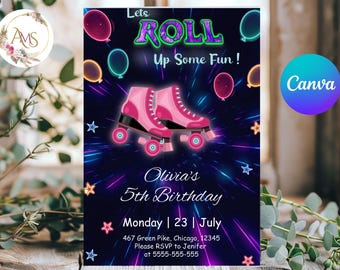 Invito di compleanno retrò con pattinaggio a rotelle al neon, invito per festa di pattinaggio a rotelle per ragazze, tema pista di pattinaggio, invito Canva 5x7 09