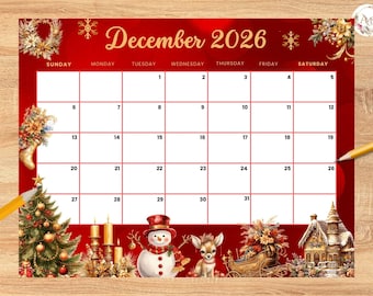Bearbeitbarer roter und goldener Weihnachtskalender für Dezember 2026 mit Schneemann, Baum, Geschenkideen, Kinder-, Homeschooling- und Schulkalender sowie Büro-Monatsplaner.