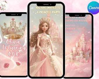 Modello modificabile per invito video di compleanno della principessa rosa, invito per festa reale per ragazze, download immediato animato da Canva