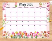Editable May 2026 Calendar, Hello Spring tulip flowers planner, Printable Planner for Home Work, Kids Schedule, fillable May 2026 planner