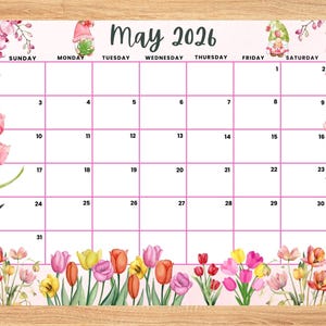 Calendário editável de maio de 2026, planejador com tulipas para a primavera, planejador imprimível para casa e trabalho, agenda infantil, planejador preenchível de maio de 2026.