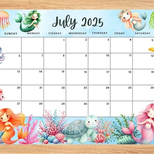 Editable July 2025 Calendar, Amazing Summer with Charming Mermaids planner, Printable Monthly Calendar for Kids School Home Office Work
