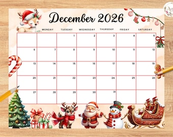 Bearbeitbarer Weihnachtskalender für Dezember 2026 mit Weihnachtsmann, Schneemann, Weihnachtsbaum, Kinder, Homeschooling, Schulaufgaben, Büro – monatlicher Planer
