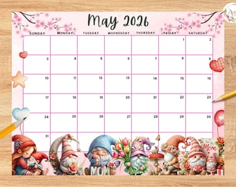 Editable May 2026 Calendar, Cute Mother's Day Planner, Printable Planner for Home Work, Kids Schedule, fillable May 2026 planner