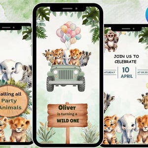 Plantilla editable de video invitación de cumpleaños de safari, invitación animada de animales de la selva para niño, descarga instantánea en Canva.
