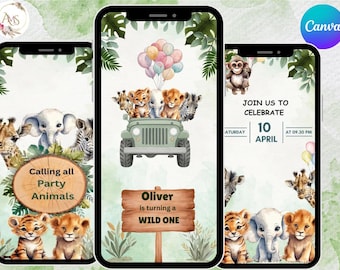Modello modificabile di invito video per compleanno a tema safari, invito animato per festa con animali della giungla per ragazzo, download immediato da Canva