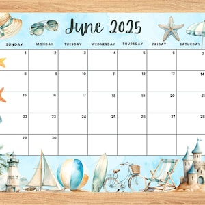 Editable June 2025 Calendar, Nautical Beach Theme Ocean Summer planner, Printable Monthly Calendar for Kids School Home Office Work