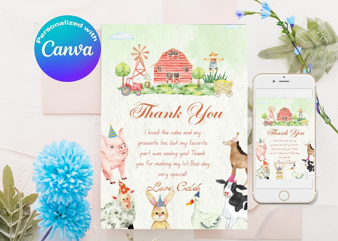 EDITABLE Farm Birthday Thank You Card, Party Favors Greeting Card Farm ...