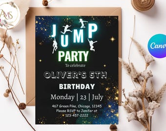 Invitación de cumpleaños editable con tema de trampolín, fiesta de saltos, brillo neón (descarga digital)