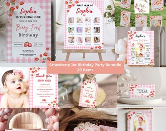 Pode incluir: Um pacote de festa de 1º aniversário de morango com 20 itens. O pacote inclui um padrão de xadrez rosa e branco com morangos e uma colagem de fotos. O texto no convite diz "Sophia está completando um ano, junte-se a nós para seu primeiro aniversário de morango".
