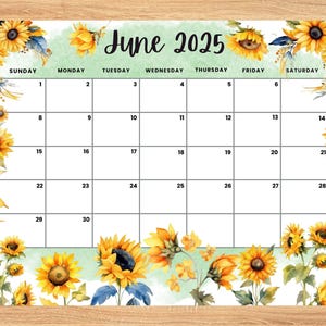 Editable June 2025 Calendar, Beautiful Sunflower Summer planner, Printable Monthly Calendar for Kids School Home Office Work