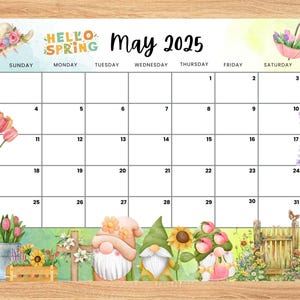 Editable May 2025 Calendar,Spring flowers with Cute gnomes planner, Printable Planner for Home Work,Kids Schedule, fillable May 2025 planner