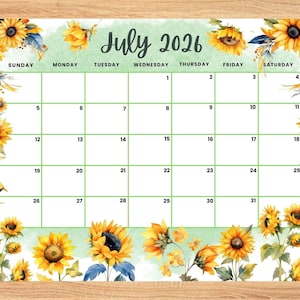 Editable July 2026 Calendar, Beautiful Sunflower Summer planner, Printable Monthly Calendar for Kids School Home Office Work