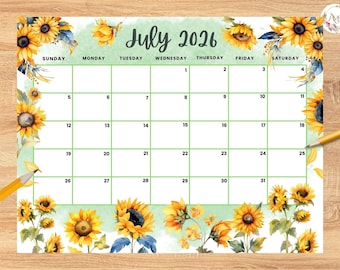 Editable July 2026 Calendar, Beautiful Sunflower Summer planner, Printable Monthly Calendar for Kids School Home Office Work
