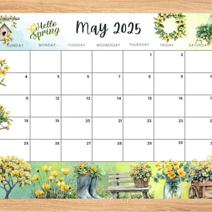 Editable May 2025 Calendar, Hello Spring yellow flowers planner, Printable Planner for Home Work, Kids Schedule, fillable May 2025 planner