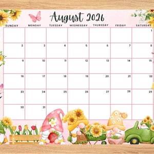 Editable August 2026 Calendar, Sunflower with Cute gnome August Planner, Printable Monthly Calendar for Kids School Home Office Work