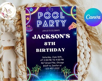 Invito per festa in piscina, invito per festa estiva in piscina, festa in piscina a scuola, miglior compleanno in piscina, festa in piscina, invito Canva 5x7 02
