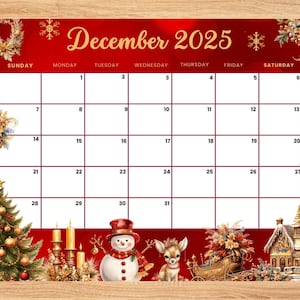 EDITABLE December 2025 Red Golden Christmas Calendar with Snowman, tree,Gift ,Kids, home school, classroom work Office monthly dated planner