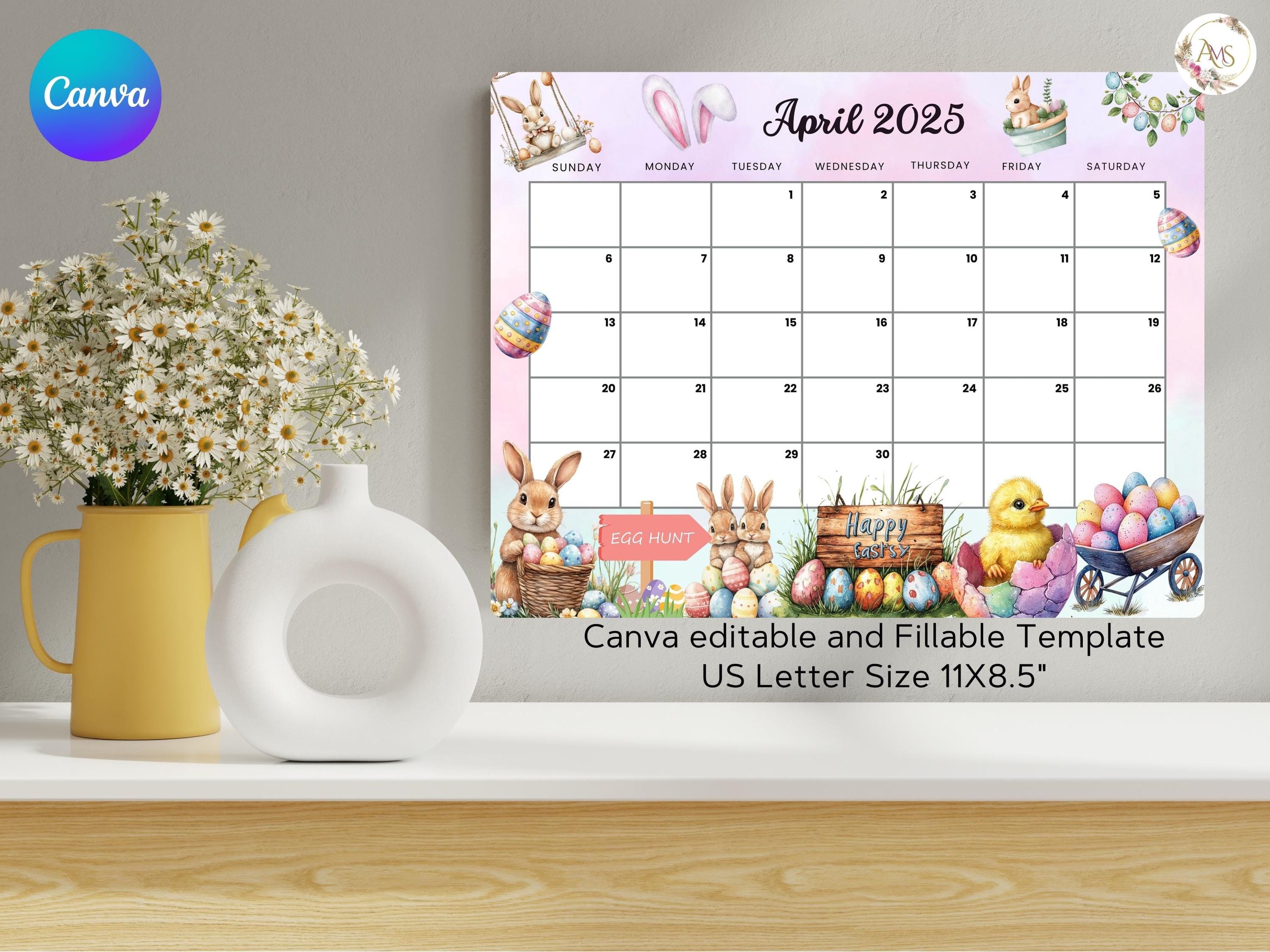 April 2025 Calendar, Happy Easter With Cute Bunny, Printable Planner ...
