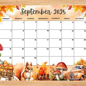 Bearbeitbarer September 2025 Kalender, Herbst Thema Monatlicher druckbarer Planer für Hausarbeit, Kinder Stundenplan, ausfüllbarer September 2025 Planer