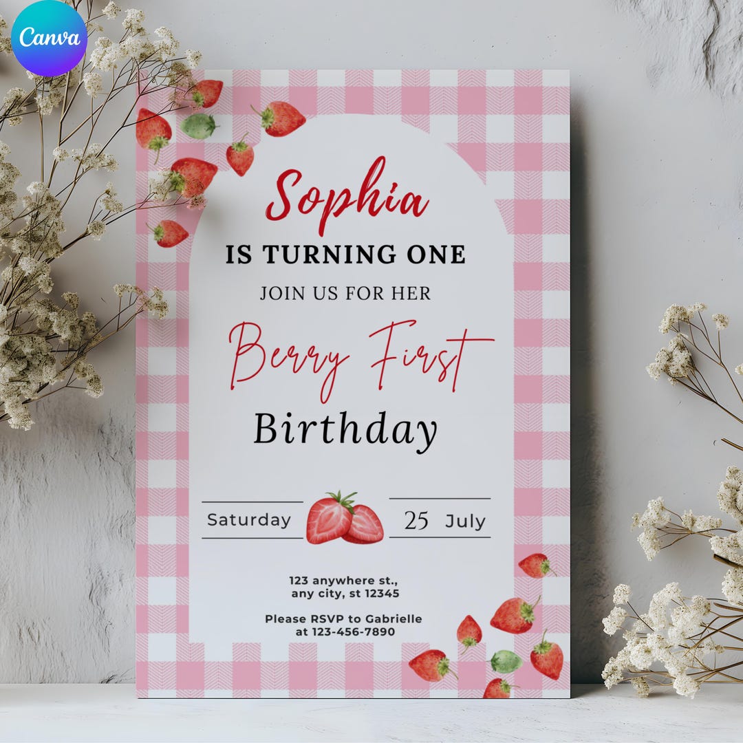 Berry First Birthday Invite, Strawberry Party, Pink Gingham, Girl 1st ...