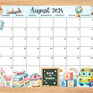 Bearbeitbarer Kalender für August 2025, niedlicher Sommerkalender, Schulanfangsplaner, Monatskalender für die Kinderschule Home Office