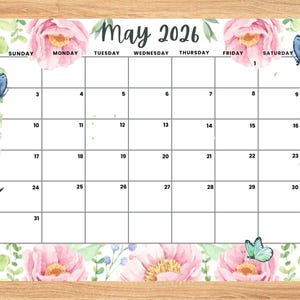 Calendário editável de maio de 2026, planejador com flores de peônia "Olá Primavera", planejador imprimível para casa e trabalho, agenda infantil, planejador preenchível de maio de 2026.
