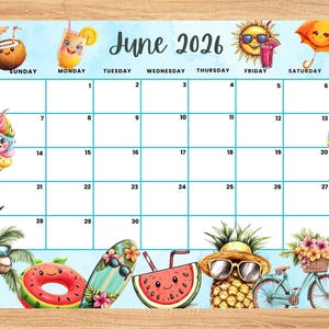 Bewerkbare kalender juni 2026, leuke juniplanner met tropisch en strandthema, afdrukbare maandkalender voor kinderen, school, thuiskantoor