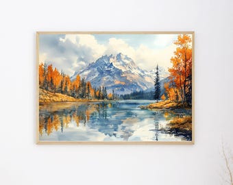 Snow Spring Mountains Landscape Painting, snow mountain art, colorful falls colors tree with Snowy mountain watercolor painting Art005