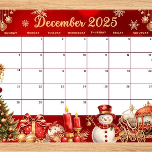 EDITABLE December 2025 Red Golden Christmas Calendar with Snowman, tree,Gift ,Kids, home school, classroom work Office monthly dated planner