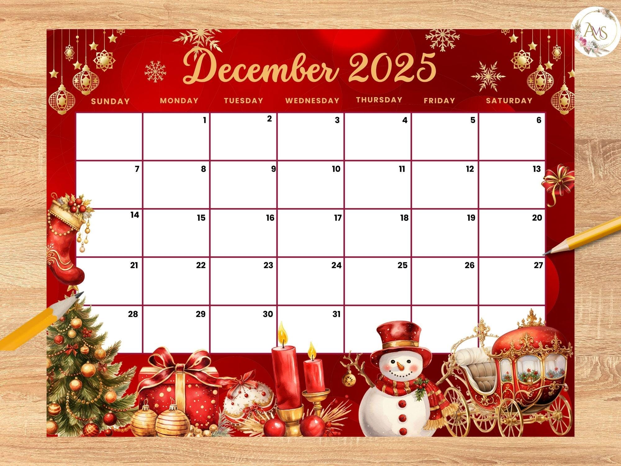 EDITABLE December 2025 Red Golden Christmas Calendar with Snowman, tree,Gift ,Kids, home school, classroom work Office monthly dated planner