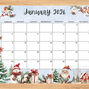 Peut inclure: Calendrier de janvier 2026 sur le thème des fêtes d'hiver. Le calendrier présente un fond bleu clair avec des illustrations de bonhommes de neige, de sapins de Noël, de cadeaux et du Père Noël. Les jours de la semaine et les dates sont clairement indiqués.
